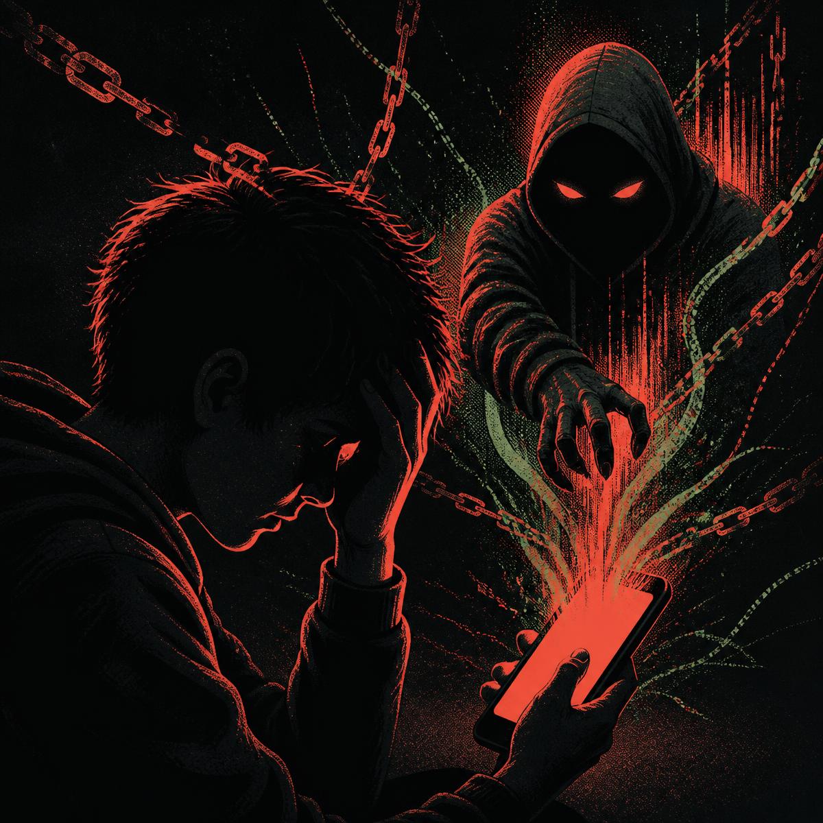 Illustration of a distressed person whose phone projects a menacing hooded loan-app figure